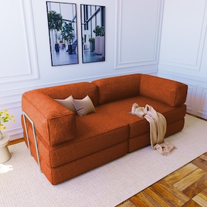 Compact sofa bed, Convertible sofa bed, Sofa bed for small spaces, L-shaped sofa, Boucle Lounge Couch, Futon sofa bed, Tufted seat cushions