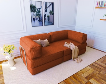 Divano letto compatto, divano letto convertibile, divano letto per piccoli spazi, divano a L, divano lounge Boucle, divano letto futon, cuscini di seduta trapuntati