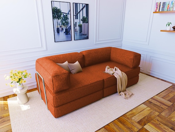 Compact sofa bed, Convertible sofa bed, Sofa bed for small spaces, L-shaped sofa, Boucle Lounge Couch, Futon sofa bed, Tufted seat cushions