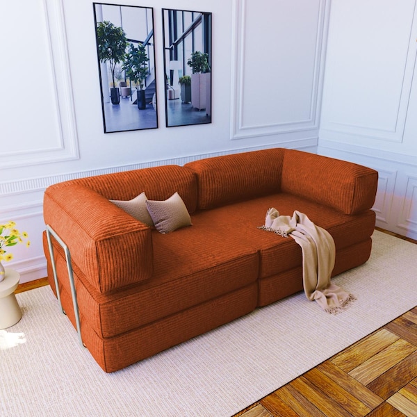 Compact sofa bed, Convertible sofa bed, Sofa bed for small spaces, L-shaped sofa, Boucle Lounge Couch, Futon sofa bed, Tufted seat cushions