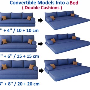 May include: Blue convertible sofa models with double cushions, transforming into beds. The image shows three different sizes: 10 + 10 cm, 15 + 15 cm, and 20 + 20 cm. Each sofa has three back cushions and two arm cushions, with brown throw pillows.