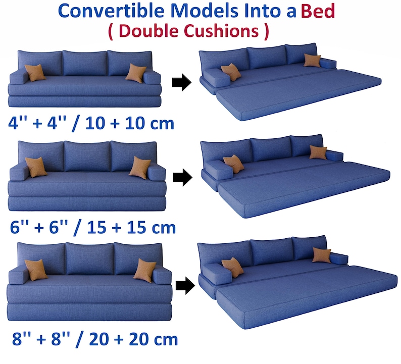 May include: Blue convertible sofa models with double cushions, transforming into beds. The image shows three different sizes: 10 + 10 cm, 15 + 15 cm, and 20 + 20 cm. Each sofa has three back cushions and two arm cushions, with brown throw pillows.