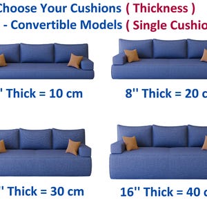 May include: Four blue sofas are shown, each with different cushion thicknesses. Each sofa has three back cushions and two orange throw pillows. Text indicates cushion thickness options: 4" (10 cm), 8" (20 cm), 12" (30 cm), and 16" (40 cm).