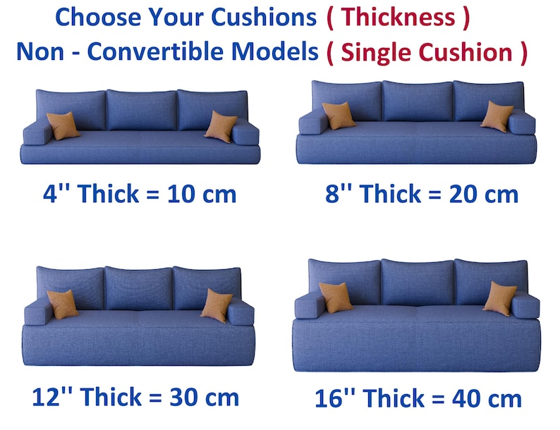 May include: Four blue sofas are shown, each with different cushion thicknesses. Each sofa has three back cushions and two orange throw pillows. Text indicates cushion thickness options: 4" (10 cm), 8" (20 cm), 12" (30 cm), and 16" (40 cm).