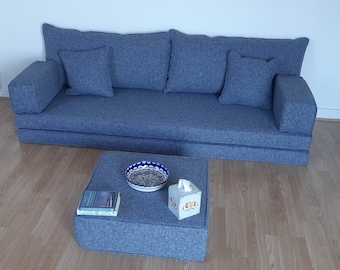 Linen Floor Sofa Set: Gray Boho Cushions, Ottoman & Pillows