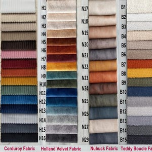 May include: A fabric swatch chart showcasing a range of textures and colours. The chart includes corduroy, Holland velvet, nubuck, and teddy boucle fabrics. The colours vary from beige and grey to vibrant blues, greens, and reds, with labels for each fabric type.
