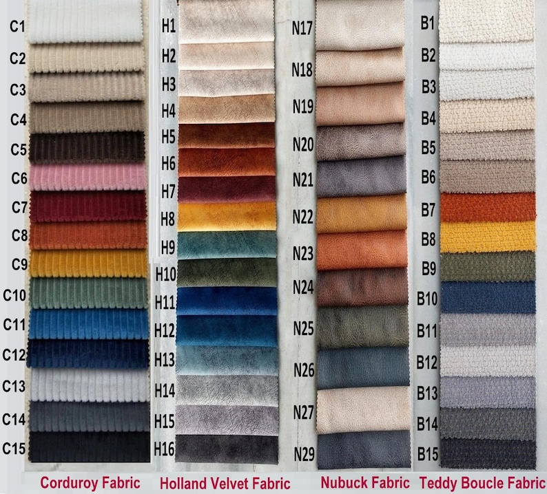 May include: A fabric swatch chart showcasing a range of textures and colours. The chart includes corduroy, Holland velvet, nubuck, and teddy boucle fabrics. The colours vary from beige and grey to vibrant blues, greens, and reds, with labels for each fabric type.