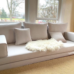 Linen fabric Floor seating sofa,Off white Beige,Arabic living room,Oriental Moroccan Home Decor Couch,cushions pillows,yoga meditation bed