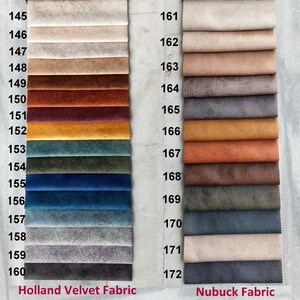 May include: A fabric swatch card with 18 different fabric samples. The left side of the card is labeled "Holland Velvet Fabric" and shows 14 samples in various colors, including beige, brown, red, yellow, green, blue, and gray. The right side of the card is labeled "Nubuck Fabric" and shows 4 samples in various colors, including beige, brown, gray, and dark gray.