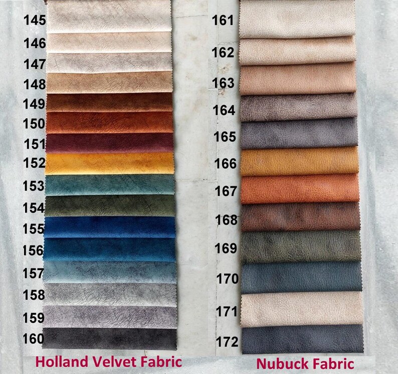 May include: A fabric swatch card with 18 different fabric samples. The left side of the card is labeled "Holland Velvet Fabric" and shows 14 samples in various colors, including beige, brown, red, yellow, green, blue, and gray. The right side of the card is labeled "Nubuck Fabric" and shows 4 samples in various colors, including beige, brown, gray, and dark gray.