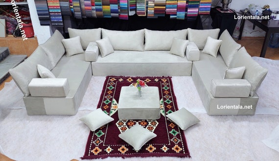 Off-White Velvet U-Shaped Floor Sofa, Oriental Living Room Seating Set
