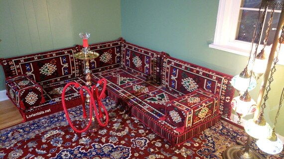 Burgundy L Shape Floor Seating Sofa: Turkish Oriental Living Room Set