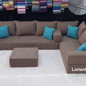L-Shaped Floor Seating Sofa: Brown & Blue Arabic Couch with Ottoman