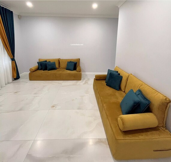 Large Wide Velvet Amber Color Floor Sofa Living Room Oriental Boho