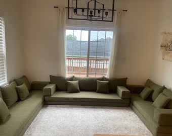 Linen Green U-Shaped Floor Sofa: Turkish Oriental Seating