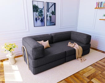 Golvsoffa i manchester, hopfällbar bäddsoffa för yoga och meditation, sektioner för vardagsrum, ottomansk soffpuff, golvsoffgrupp, sittdynor