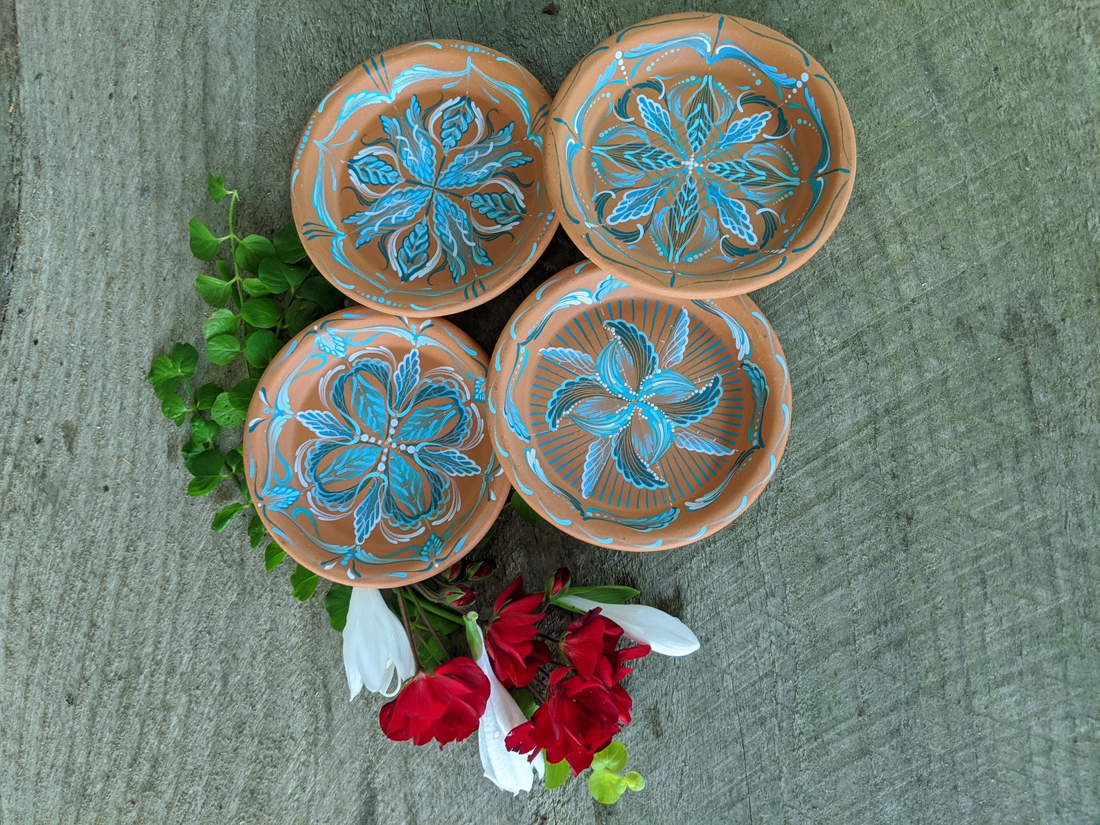 Coasters Hand Painted Terra Cotta Turquoise 4 Etsy