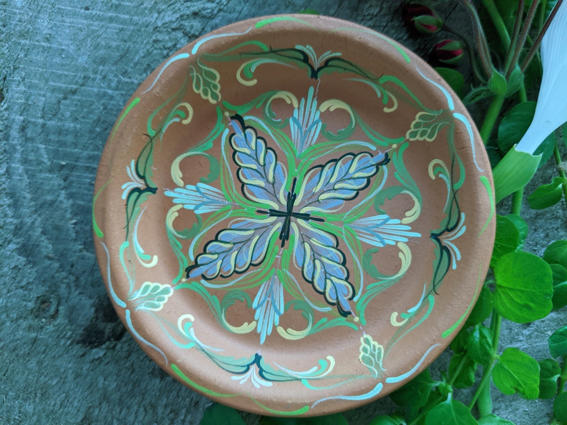 Coasters Hand Painted Terra Cotta Green and Yellow 4 Etsy