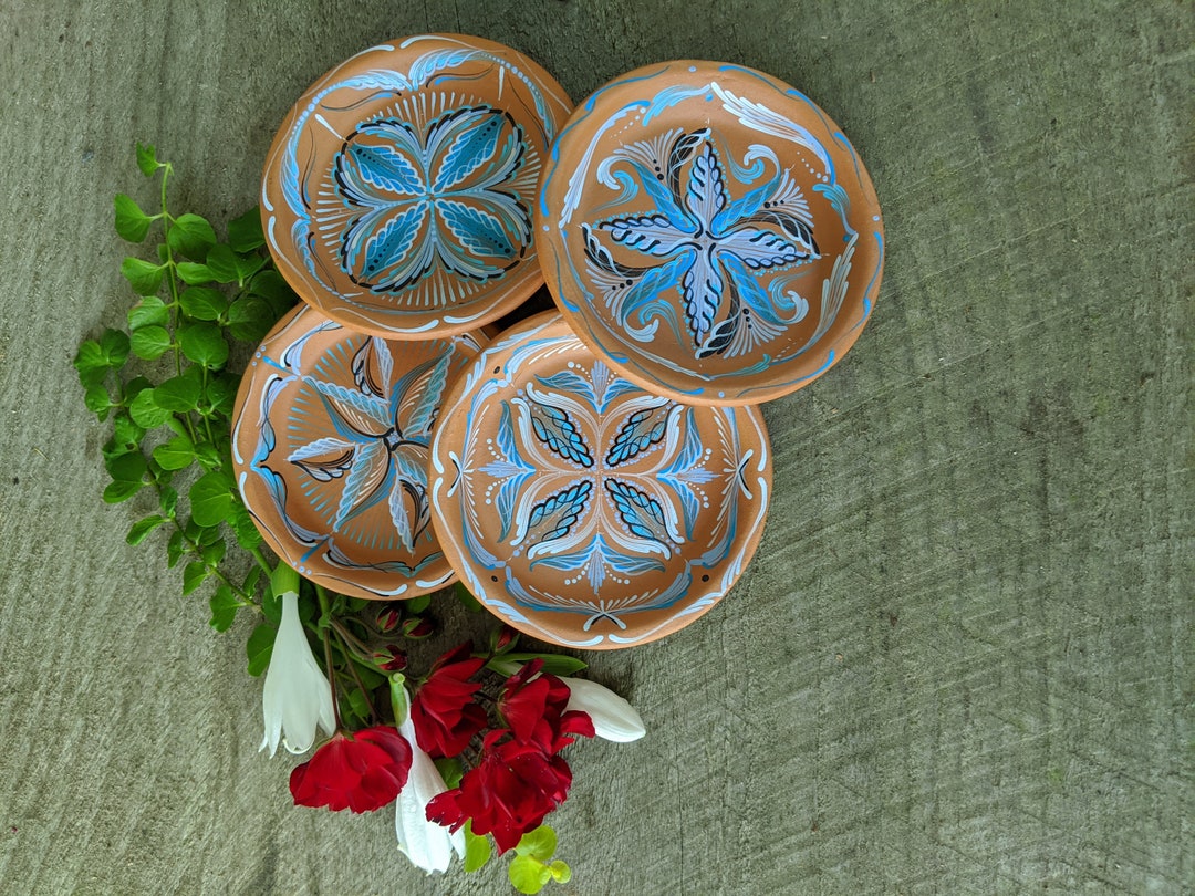 Coasters Hand Painted Terra Cotta Blues 4 Etsy