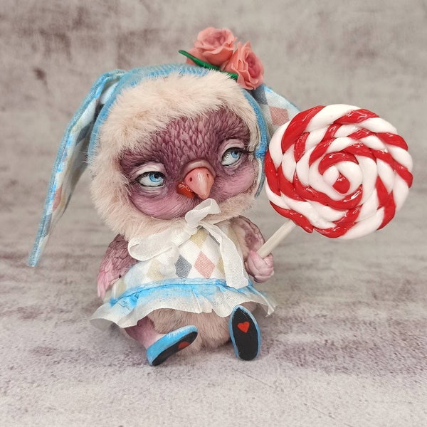 Pink owl teddy with a big candy, fairy creature miniature OOAK art doll
