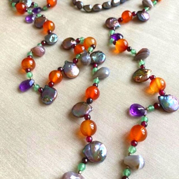 Sautoir long perles et pierres,violet et orange,collier unique peut être doublé ou triplé,cadeau abordable de tous les anniversaires