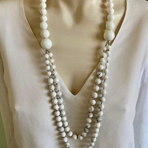 Collier long boules d agates,collier Blanc gris perle,collier double rang,cadeau d’anniversaire,collier B C B G,bijou blanc élégant