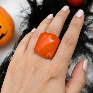 Orange Statement Ring – Vibrant Shiny Tagua Nut Jewelry – Handmade Bold Resin-Finished Ring – Halloween Gift Idea – Eco-Friendly Accessory