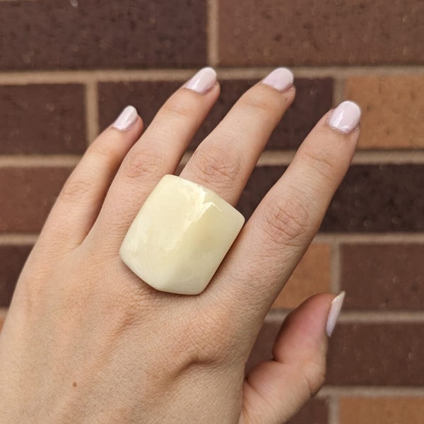 Oversized White Tagua Nut Ring, Elegant Unisex Jewelry Extra big white rings, shiny finished white ring statement huge ring. Ivory ring