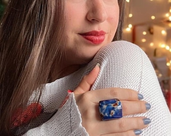 Magical Blue Natural Ring Handmade Tagua Nut Glossy Jewelry Sustainable Unisex Sophisticated Resin Finished Ring Selection of Sizes