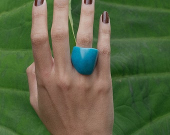 Matte Blue Tagua Nut Ring: Chunky Handcrafted Statement Jewelry