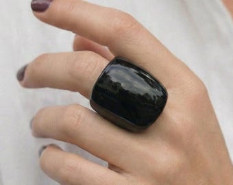 Bold Black Ring, Oversized Statement Tagua Nut Cocktail Ring, Unisex wide band black natural ring. Vintage ring.