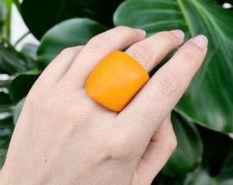 Burned Yellow Tagua Nut Ring: Chunky Boho Statement Jewelry
