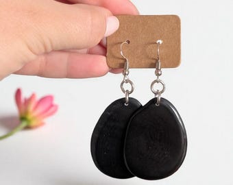 Black Tagua Nut Drop Earrings: Handmade Organic Statement Jewelry