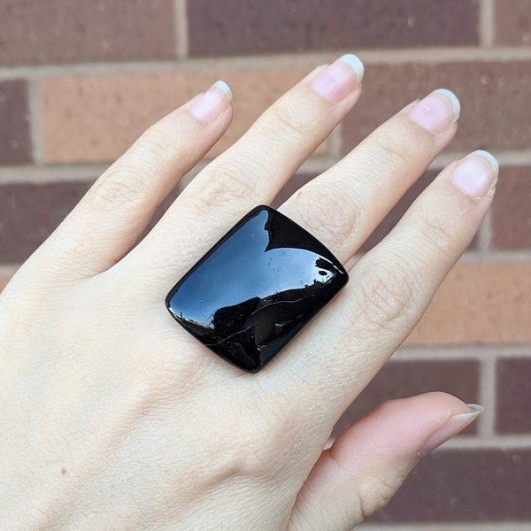 Extra big black ring, Hand carved Tagua nut ring, shiny finished black ring. Statement huge ring. oversized Unisex elegant black jewelry