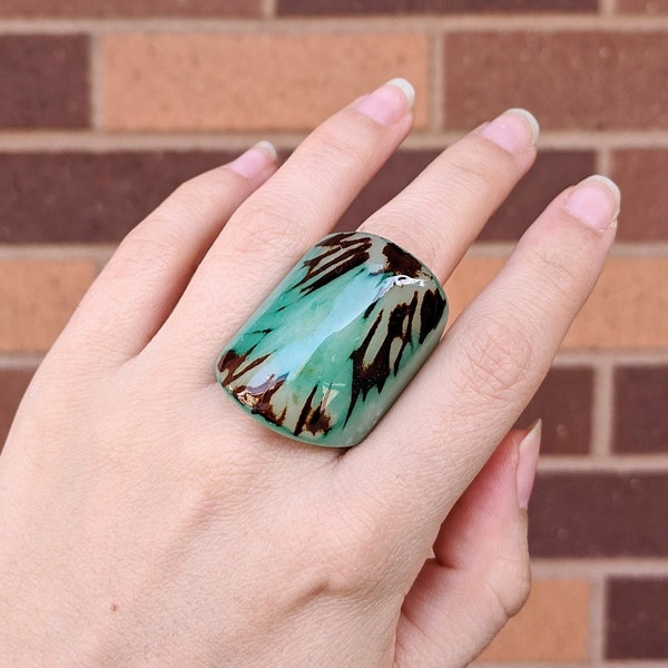 Sea green colored big ring. Chunky tagua nut rings. Hand carved thick band rings. Oversized huge rings. Unisex Handmade Ring. One of a kind