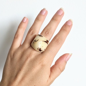Elegant White Artistic Ring. Chunky Big Tagua Nut Jewelry. Artisan Handmade Statement Ring. Bold Cocktail Accessory for Women. Art Deco Ring