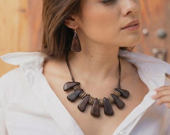 Tribal Bib Necklace • Adjustable Boho Statement Necklace for Women. Handmade Tagua Nut Jewelry