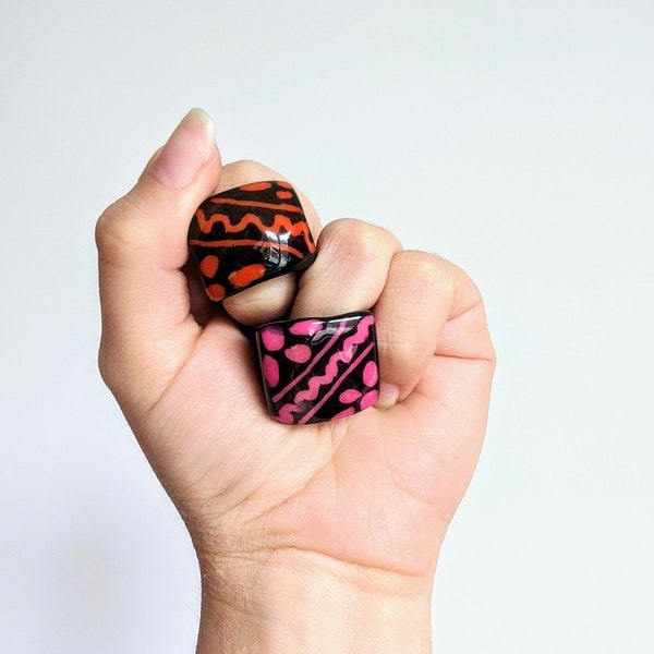 Hand painted tagua nut statement ring. One of a kind chunky ring, geometric jewelry sustainable vegan eco friendly ring