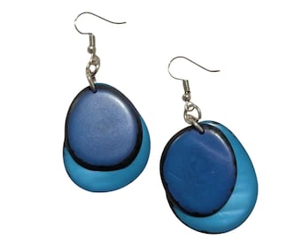 Blue Aquamarine Oval Earrings, Handmade Tagua Nut Jewelry, Sustainable Drops, Eco-Friendly Gift for Her, Bold Blue Statement earrings