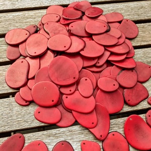 Red Tagua Nut Beads: Organic Vegetal Ivory Slices, Top Drilled (15 pcs)