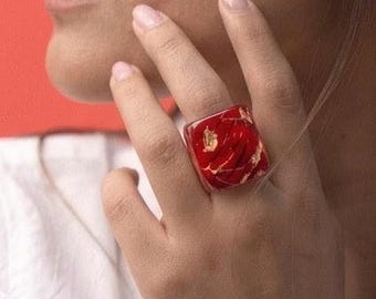 Chunky Red ring. Handmade Tagua nut resin finished ring. Statement Jewelry. Nature inspired Stone ring. Rustic and unique jewlery