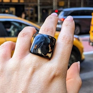 Elegant black ring. Chunky Grunge ring. resin finished handmade tagua nut ring. Mystical jewelry. Cocktail ring. Modern signet ring.
