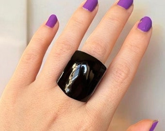 Bold Black Ring – Oversized Statement Cocktail Ring – Unisex Eco-Friendly Resin-Finish Jewelry – Handmade Natural Jewelry Gift. Tagua Nut.