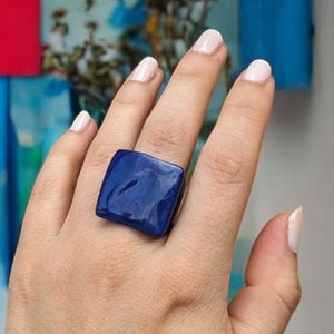 Navy Blue Chunky Ring – Big Bold Tagua Nut Jewelry – Unisex Sustainable Statement Accessory – Lightweight Glossy Handmade Gift