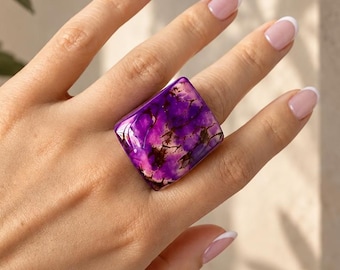 Purple Statement Ring, Chunky Cocktail Ring, Oversized Tagua Ring, Colorful Boho Jewelry, Handmade Natural Ring, Gift for Her