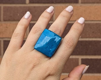 Blue Boho Statement Ring – Aquamarine Tagua Nut Jewelry – Chunky Handmade Natural Ring.