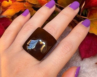 Brown Statement Ring – Big Chunky Tagua Nut Cocktail Ring – Handmade Wide Band Natural Jewelry – Eco-Friendly Bold Elegant Gift