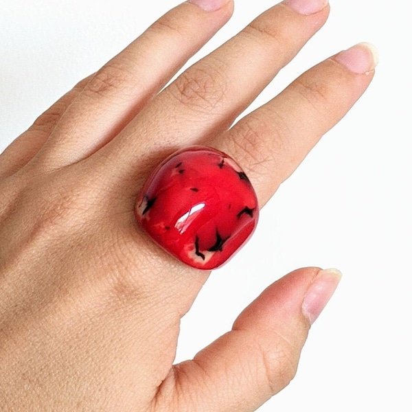 Red ring for women or men. Unisex Statement ring. sustainable jewelry. Chunky red ring. Artisan fair trade gifts. Hand carved Tagua Nut ring