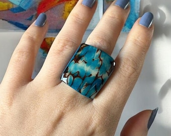 Hand-Carved Blue Tagua Nut Statement Ring: Oversized Boho Jewelry