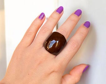 Chunky Brown Cocktail Ring - Handmade Tagua Nut Statement Ring.